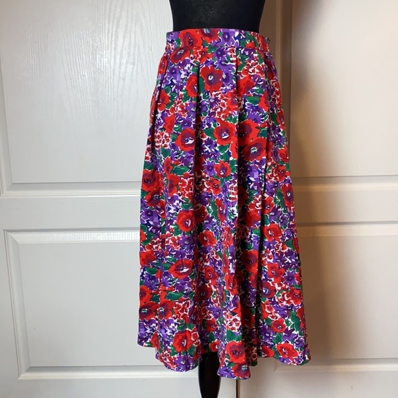VINTAGE RED & PURPLE FLORAL MIDI MAXI LONG SKIRT PLEATED FLOWY - Picture 1 of 4